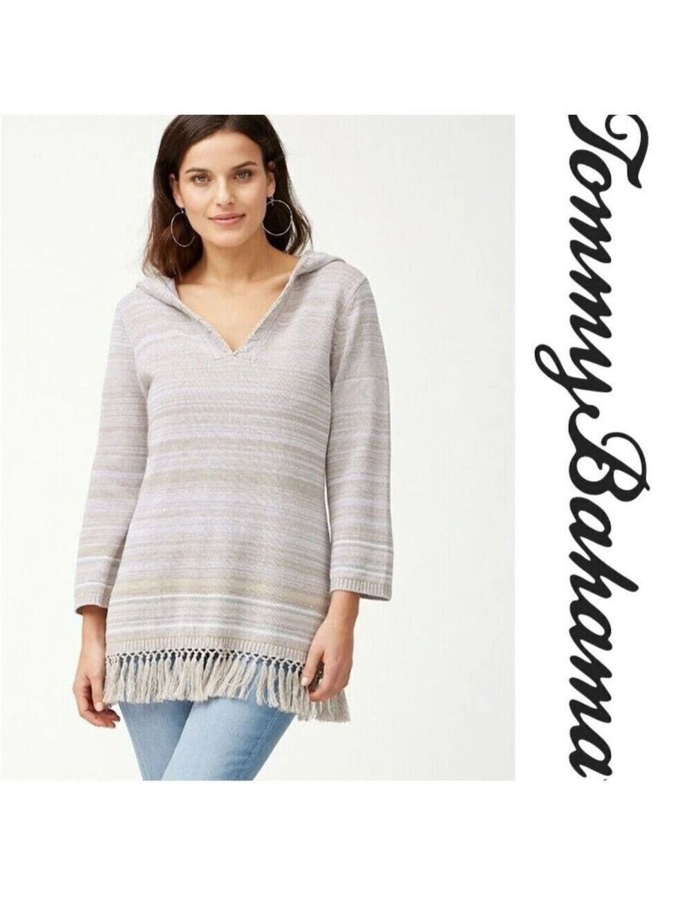 Tommy Bahama Woman’s  Striped V-Neck Hoodie Sweater Multicolor Size M